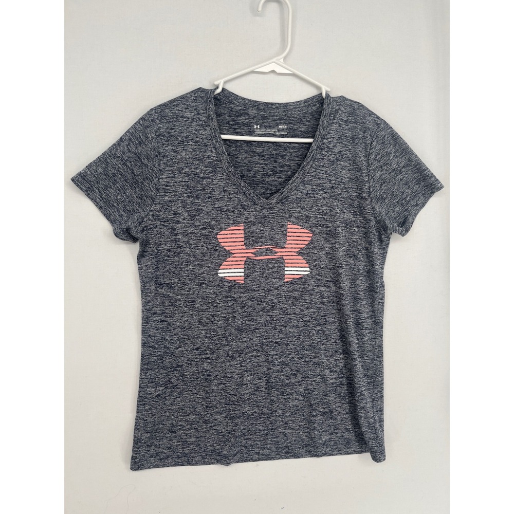 Under Armour HeatGear Shirt Womens Medium Blue Space Dye V-Neck Logo Tee MD